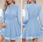EXLURA Womens Button Down V Neck Dress Long Puff Sleeve Mini Party Dress Ruffle A-Line Cocktail Dresses - Image 2